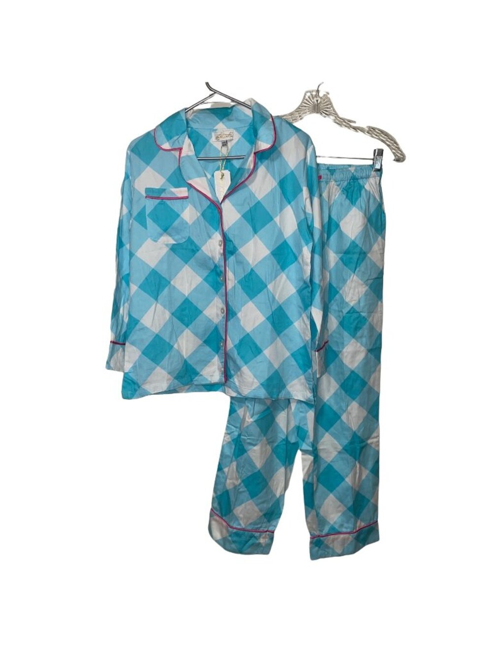Jaye's Studio Womens Button-Down Pajama Set XXS Turquoise & White Plaid Cotton
